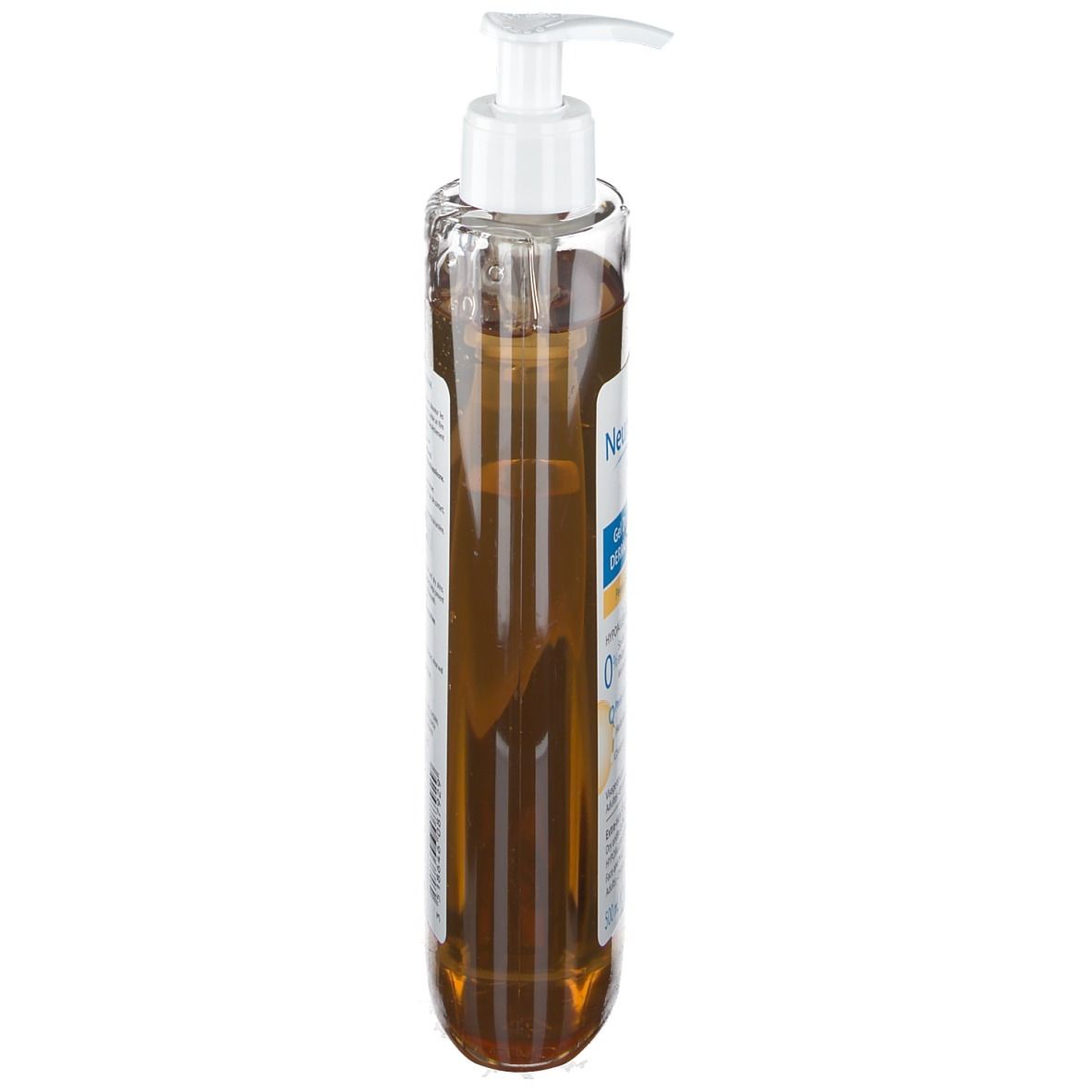 Flacon de gel douche Neutraderm transparent avec pompe bleue. Vue latérale, liquide jaunâtre visible.