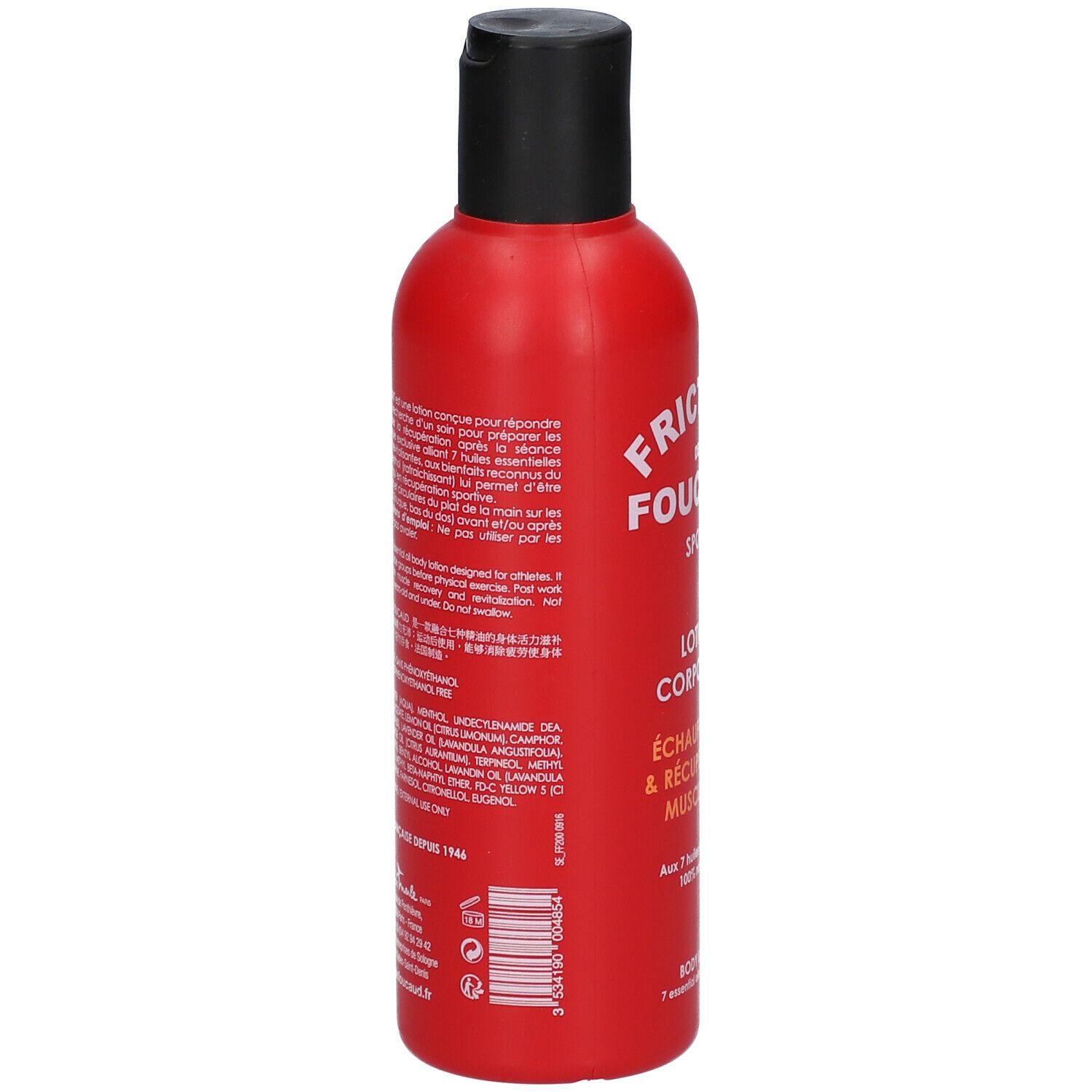 Flacon rouge, bouchon noir. Texte au dos. Ingrédients et informations fabricant. Code-barres.