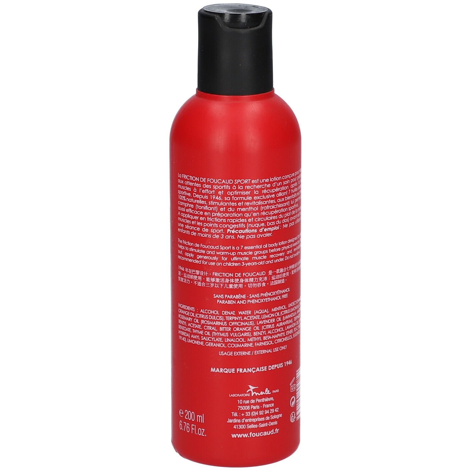 Flacon rouge, bouchon noir. Dos avec texte. Informations fabricant, ingrédients, et volume: 200 ml.