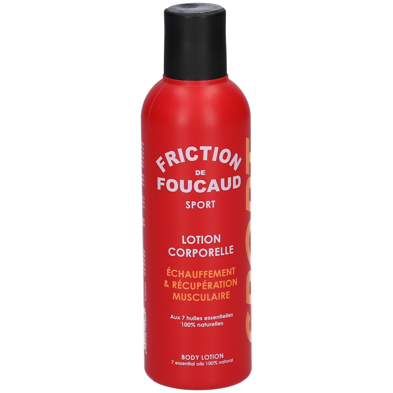 Flacon rouge, bouchon noir. Inscription: Friction de Foucaud Sport, Lotion Corporelle. Contient 7 huiles essentielles naturelles.