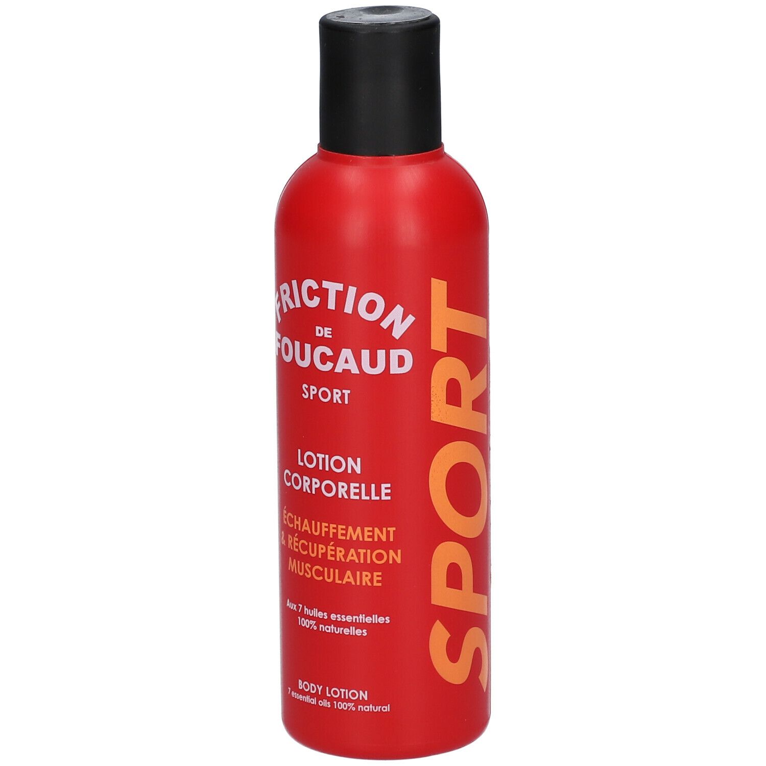 Flacon rouge, bouchon noir. Inscription: Friction de Foucaud Sport, Lotion Corporelle. Contient 7 huiles essentielles naturelles.