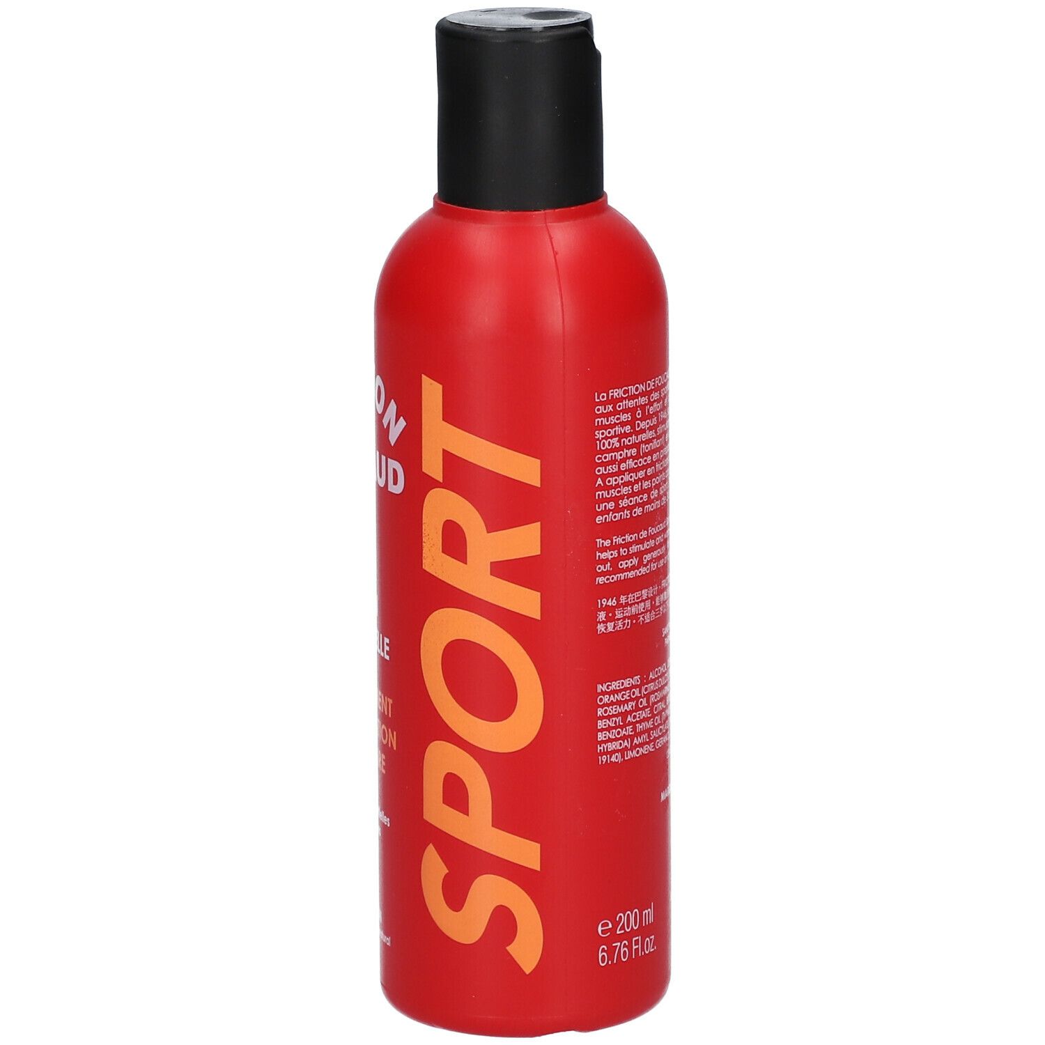 Flacon rouge, bouchon noir. Inscription: Friction de Foucaud Sport, Lotion Corporelle. Volume: 200 ml.