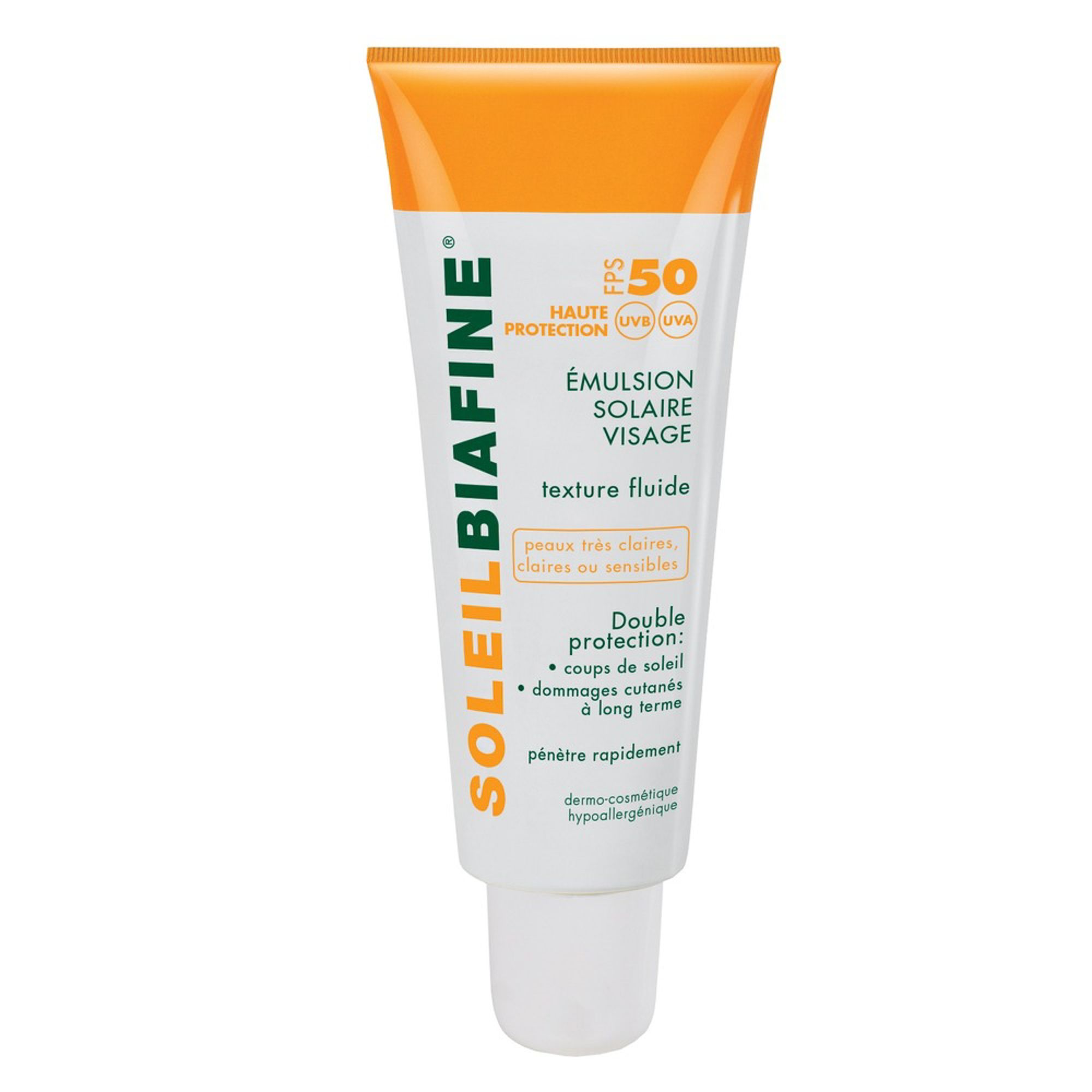 Émulsion solaire visage en tube blanc et bouchon orange. Texte et logo Soleilbiafine® visibles.