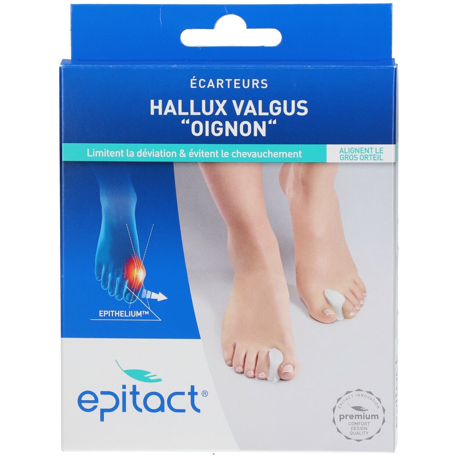 Boîte de Zehentrenner. Texte: Hallux Valgus "Oignon", Epitact. Pied avec séparateur d'orteils.