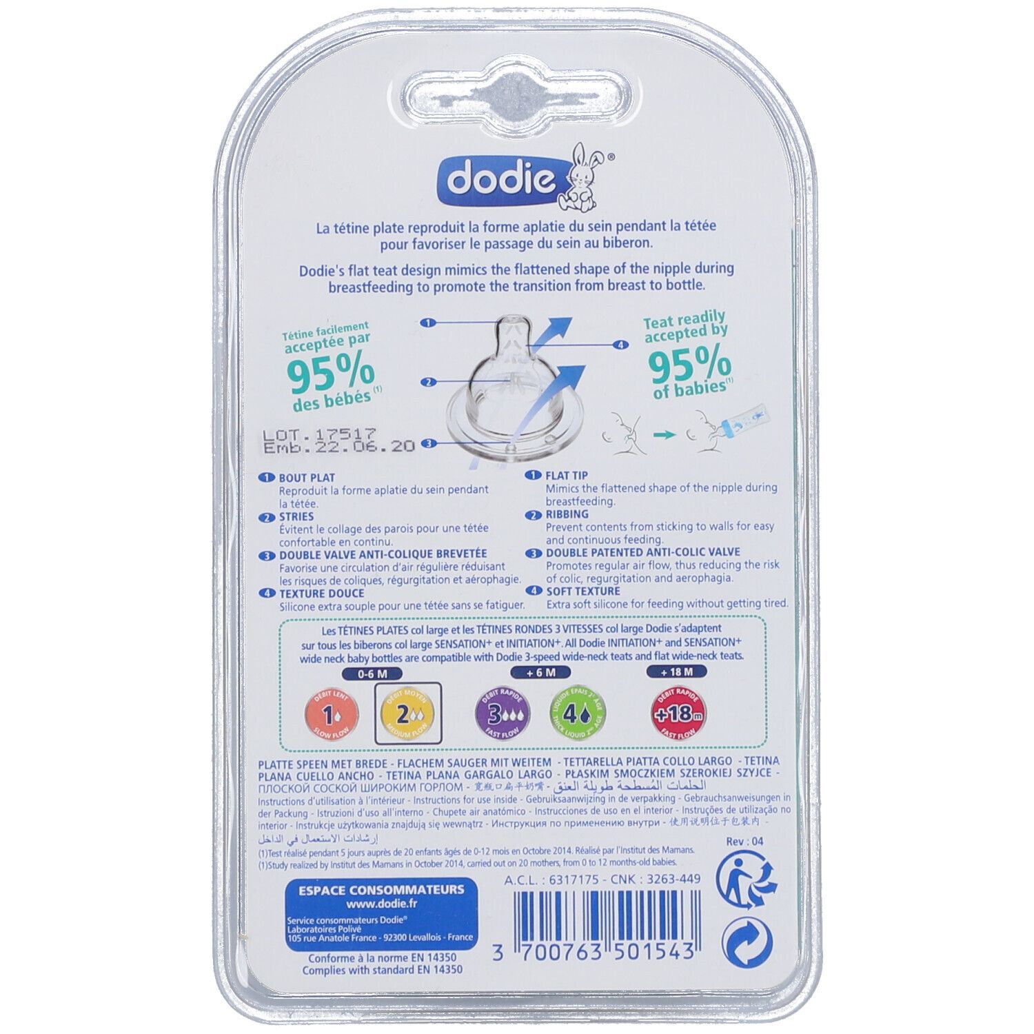 Dos de l'emballage blister avec informations produit. Tétine plate en silicone. Marque : dodie®.