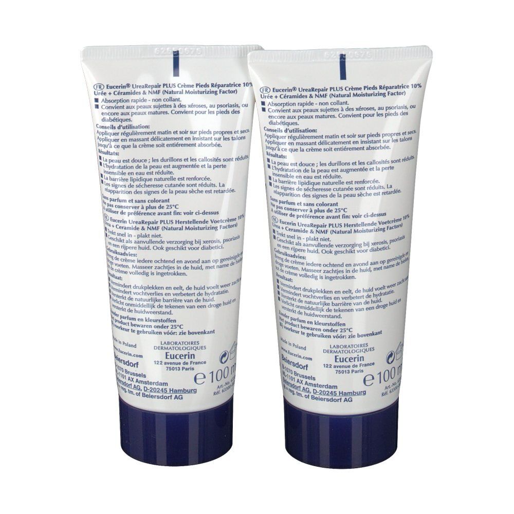 Dos de deux tubes de crème. Texte en plusieurs langues. Bouchon bleu, fond blanc.