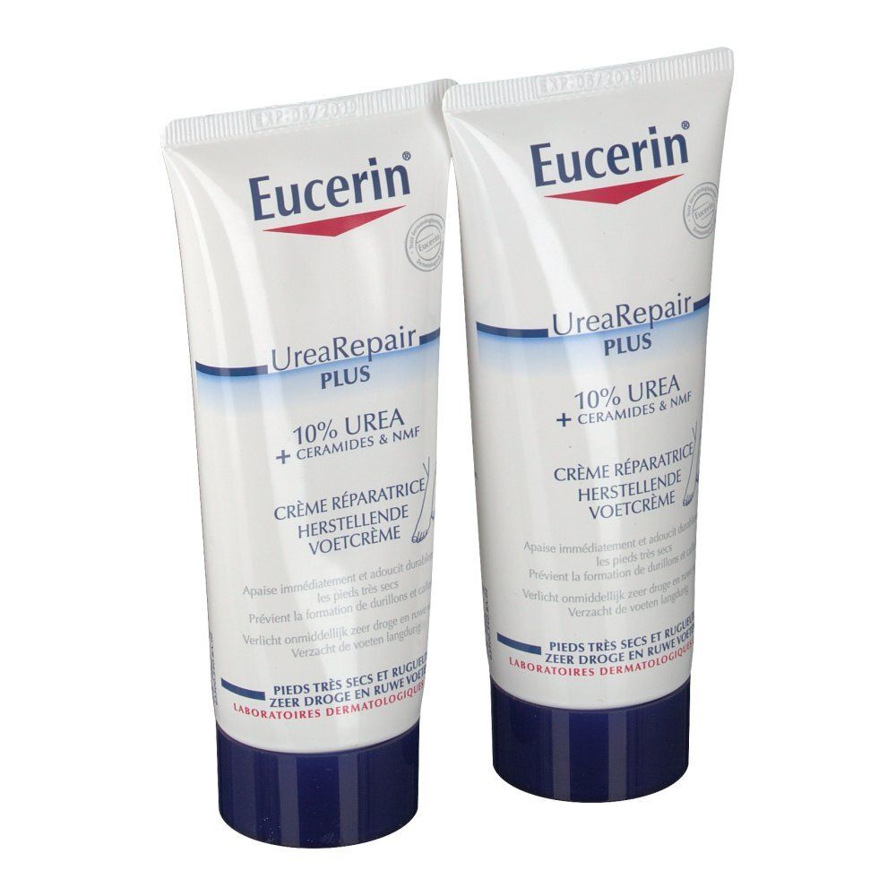Deux tubes de crème. Inscription: Eucerin, UreaRepair PLUS, 10% Urea + Ceramides & NMF. Bouchon bleu.