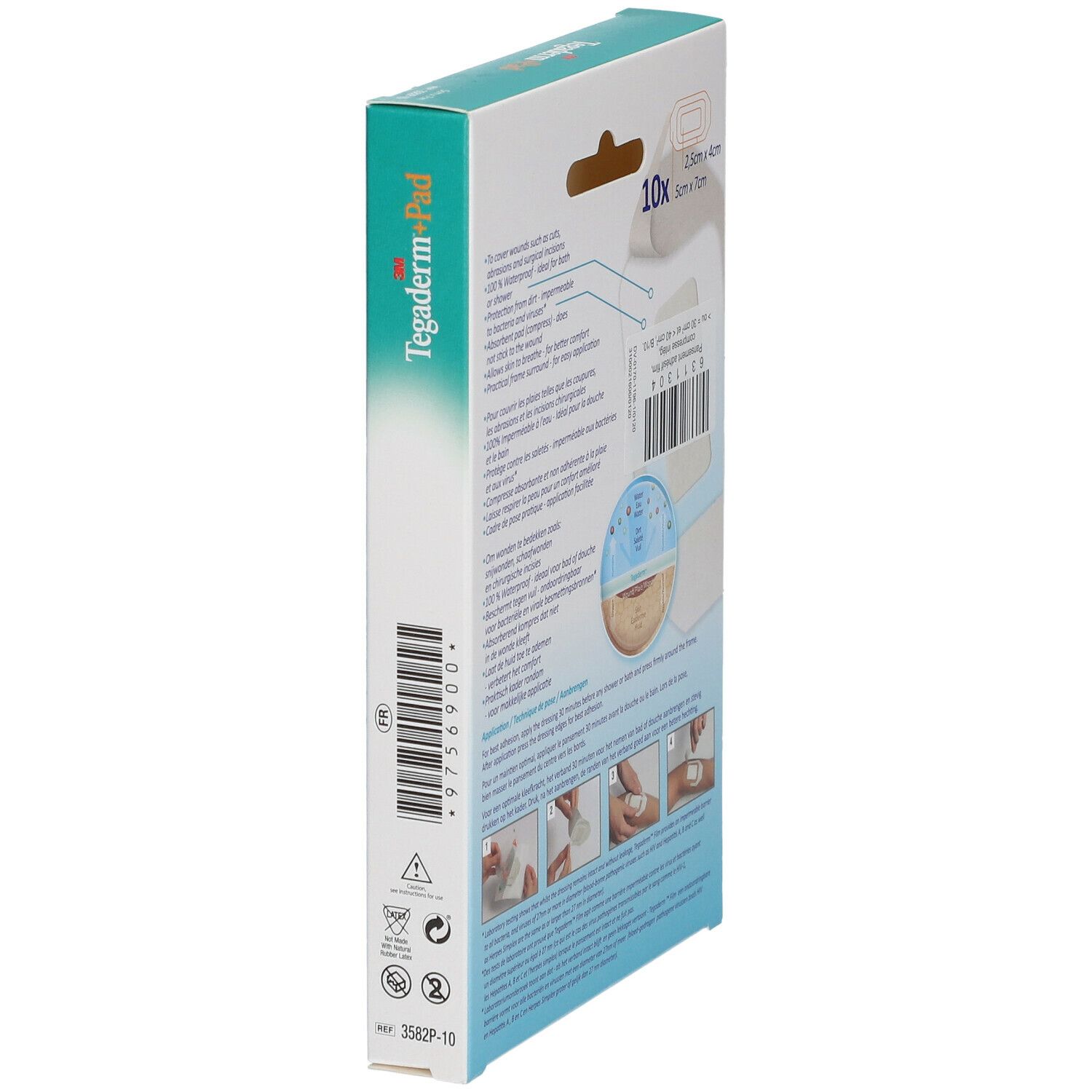 Vue latérale de la boîte de Tégaderm + Pad. Informations produit, illustrations de pansements, dimensions, instructions d'utilisation.