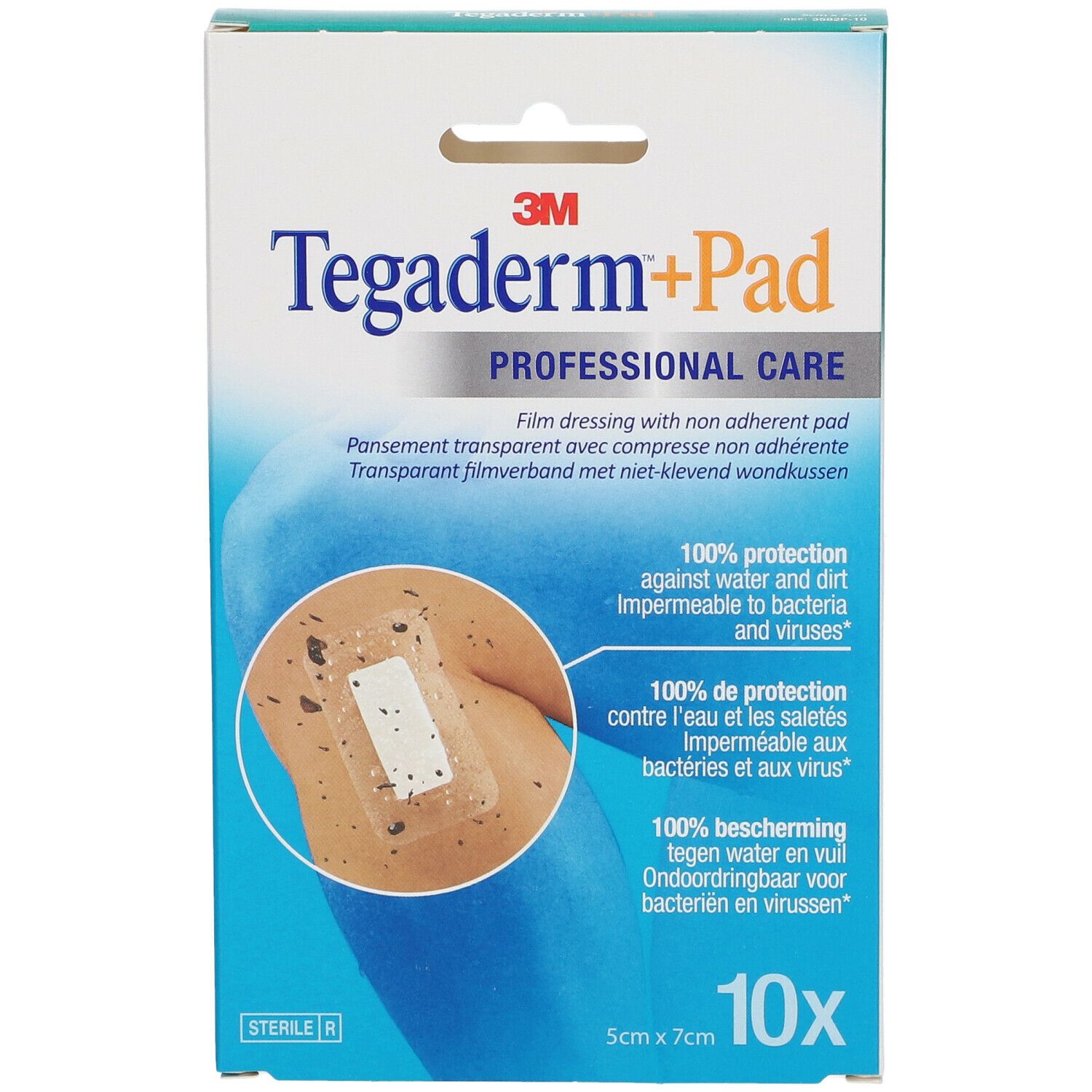 Boîte de Tégaderm + Pad. 10 pansements, 5cm x 7cm. Inscription: 3M, Tégaderm + Pad, PROFESSIONAL CARE. Illustration d'un pansement sur la peau.