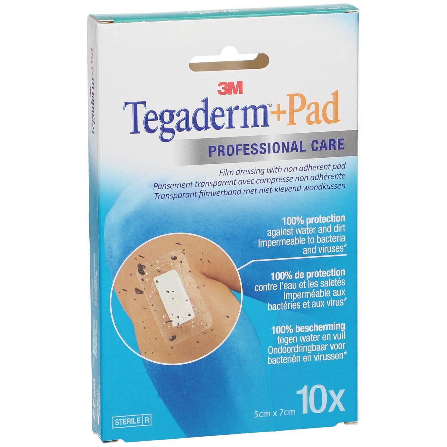 Boîte de Tégaderm + Pad. 10 pansements, 5cm x 7cm. Inscription: 3M, Tégaderm + Pad, PROFESSIONAL CARE. Illustration d'un pansement sur la peau.