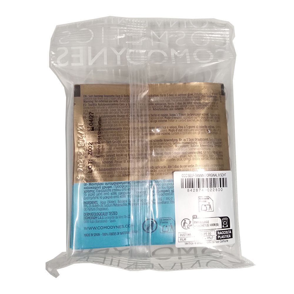 Rückseite der Selbstbräunungstücher-Verpackung. Textinformationen auf goldfarbenem Hintergrund. Transparente Plastikverpackung.