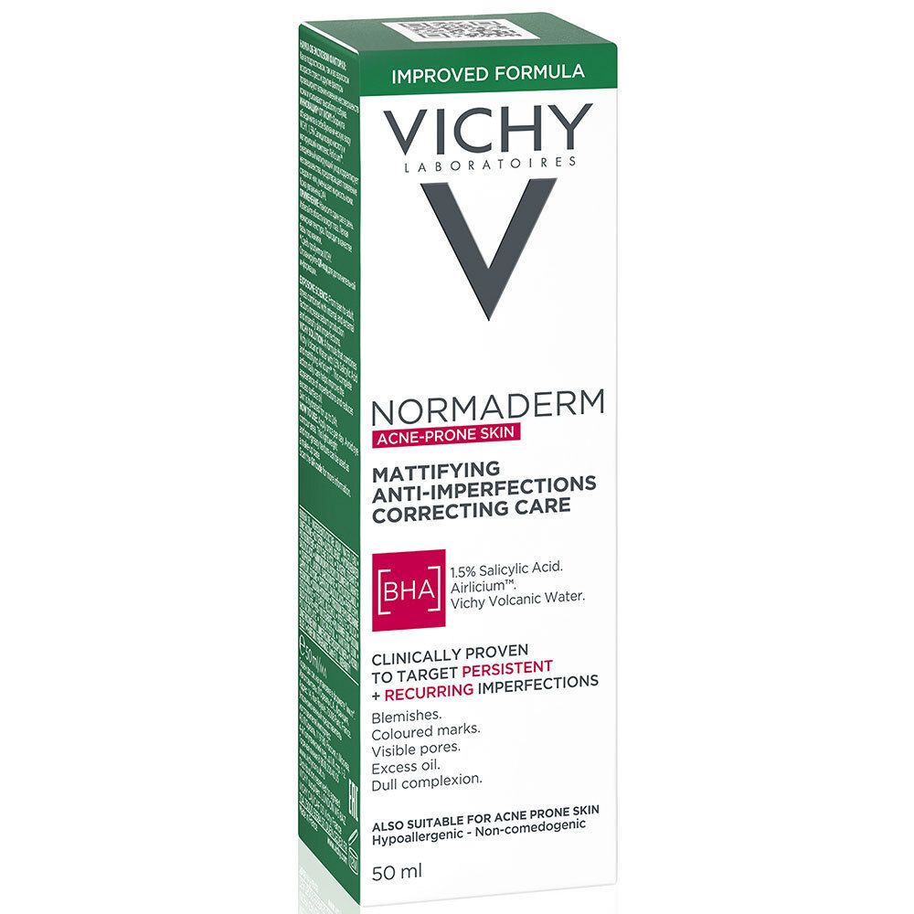 Emballage. Logo Vichy et nom du produit. Texte: Soin anti-imperfections matifiant. 50 ml.