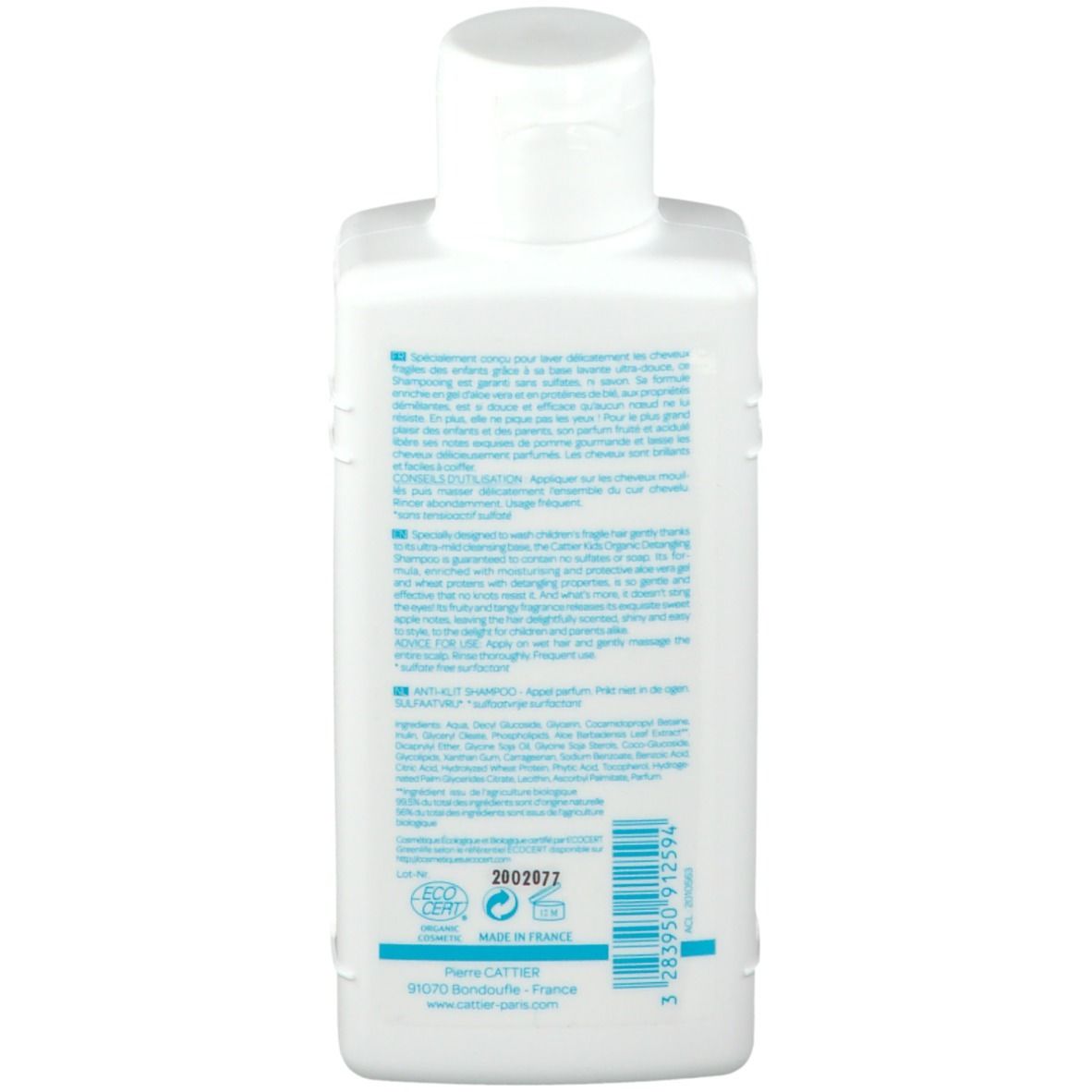 Dos du flacon blanc Cattier Kids. Texte et ingrédients. Logo bio et Made in France.