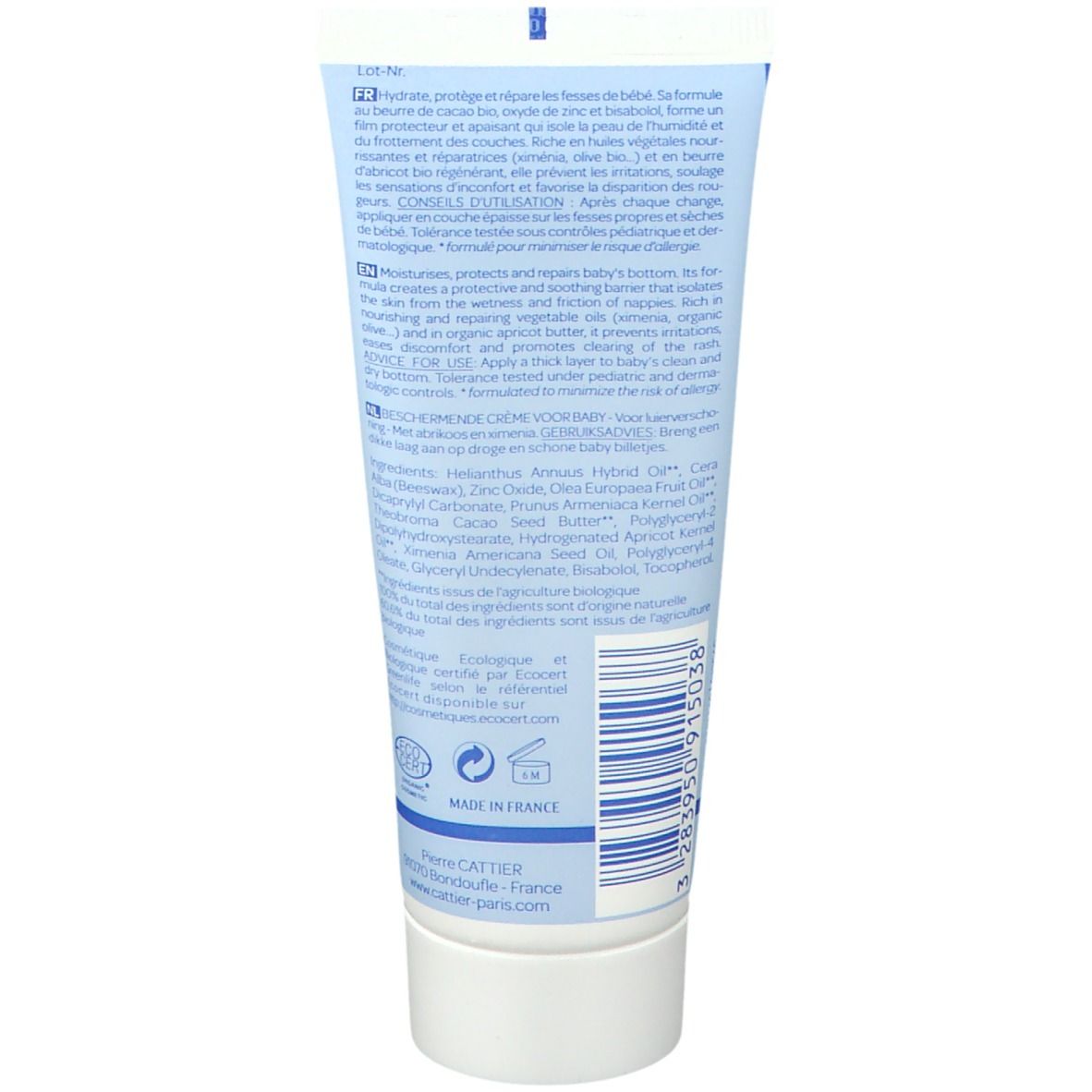 Dos du tube. Texte en plusieurs langues. Liste des ingrédients. Logo "Cosmebio". Code-barres et "Made in France".