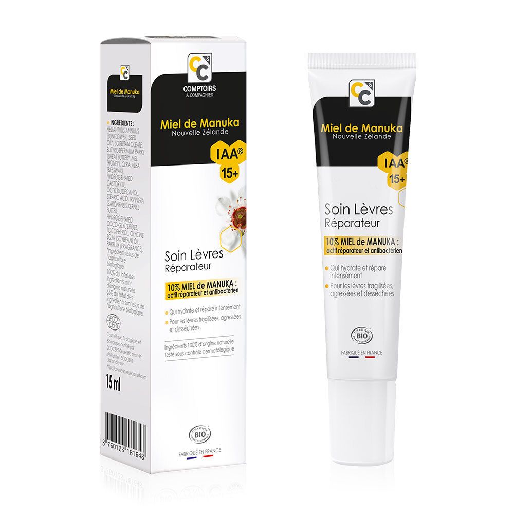 Tube et boîte de soin des lèvres. "Miel de Manuka" et "IAA 15+" imprimés. 15ml. Certification Bio.