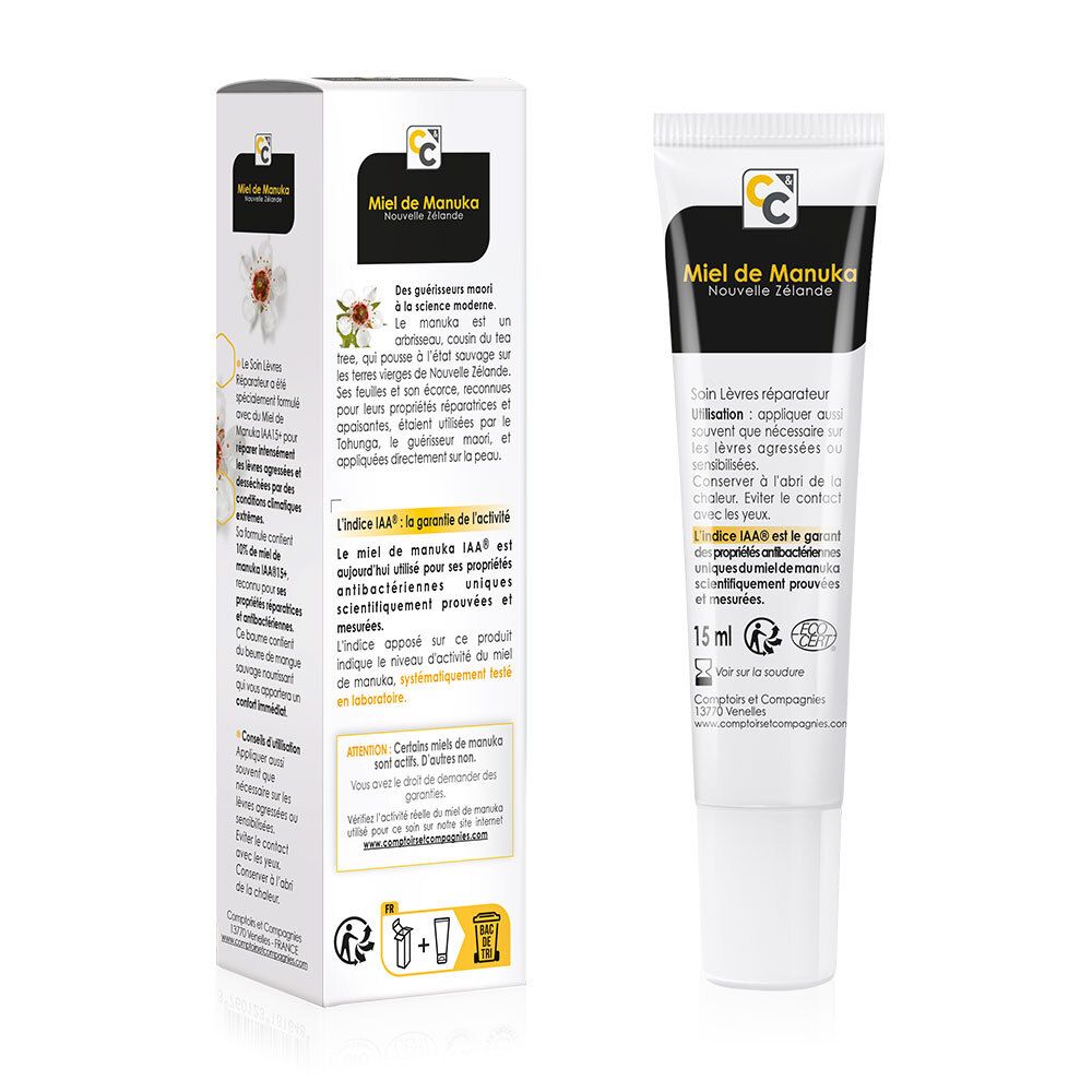 Dos de la boîte. Texte sur le miel de Manuka et l'indice IAA. Certification Bio. 15ml.