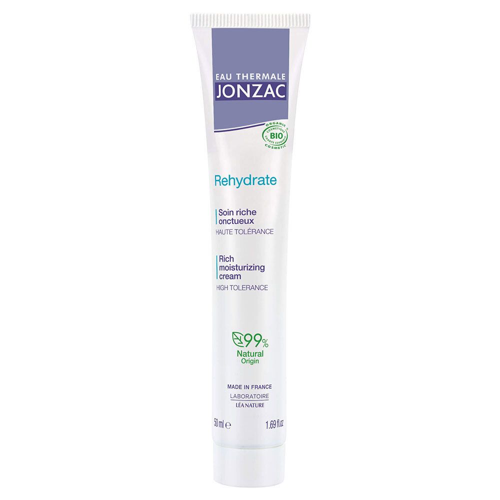 Tube blanc avec bouchon violet. Inscription: Eau Thermale Jonzac, Rehydrate, Rich moisturizing cream. Label bio.