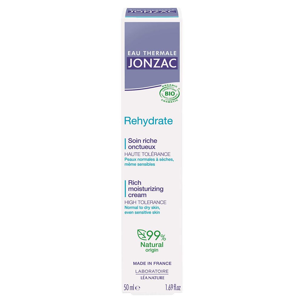 Emballage carton. Inscription: Eau Thermale Jonzac, Rehydrate, Rich moisturizing cream. Peaux normales à sèches. Label bio.