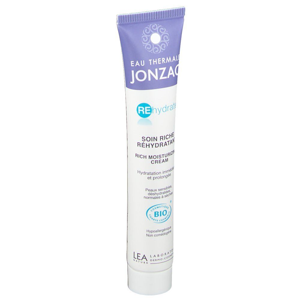 Tube avec bouchon violet. Inscription: Eau Thermale Jonzac, Rehydrate, Rich moisturizing cream. Label bio. Peaux sensibles.