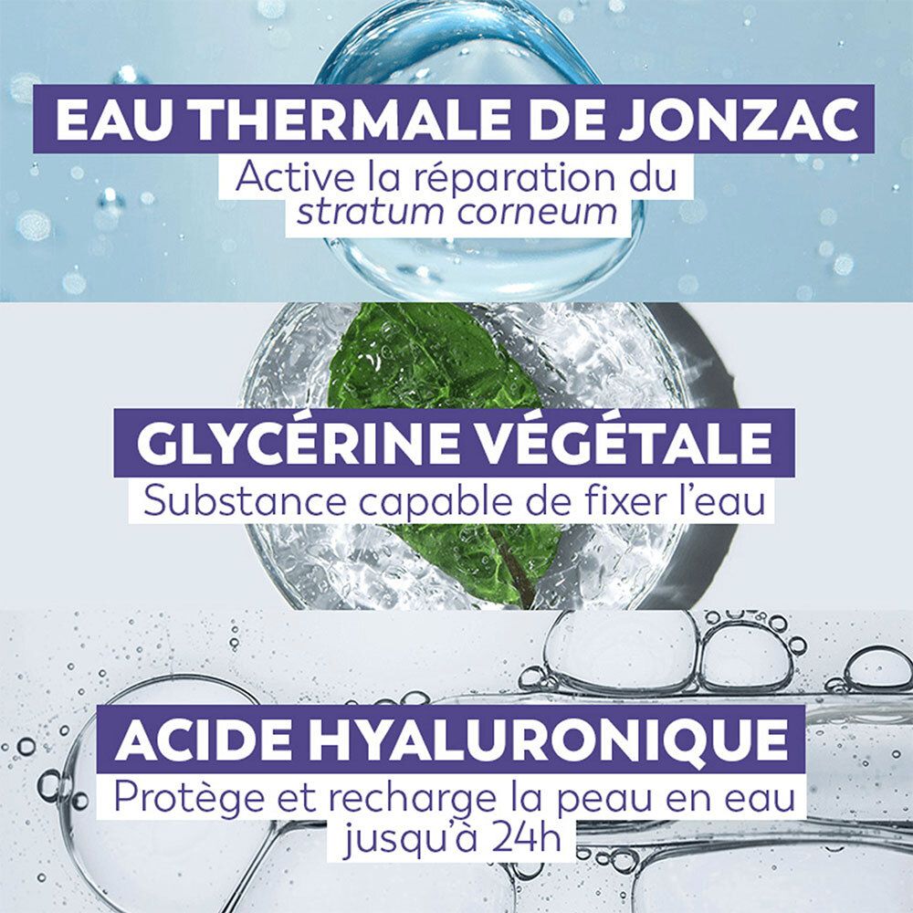 Grafik mit Text: Eau Thermale de Jonzac, pflanzliches Glycerin, Hyaluronsäure. Inhaltsstoffe zur Hautpflege.