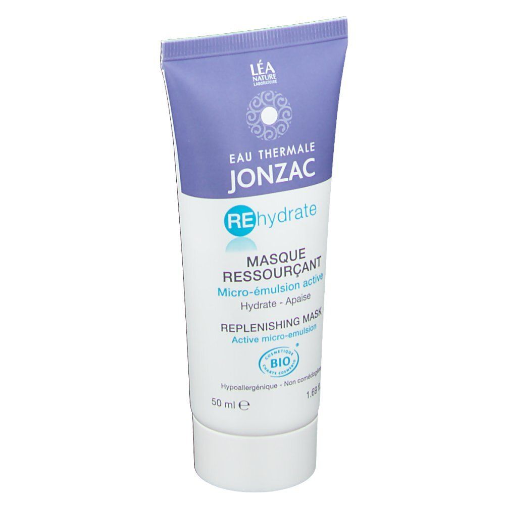 Tube mit blauem Deckel. Aufschrift: Eau Thermale Jonzac, Rehydrate, Masque Ressourçant, 50 ml.