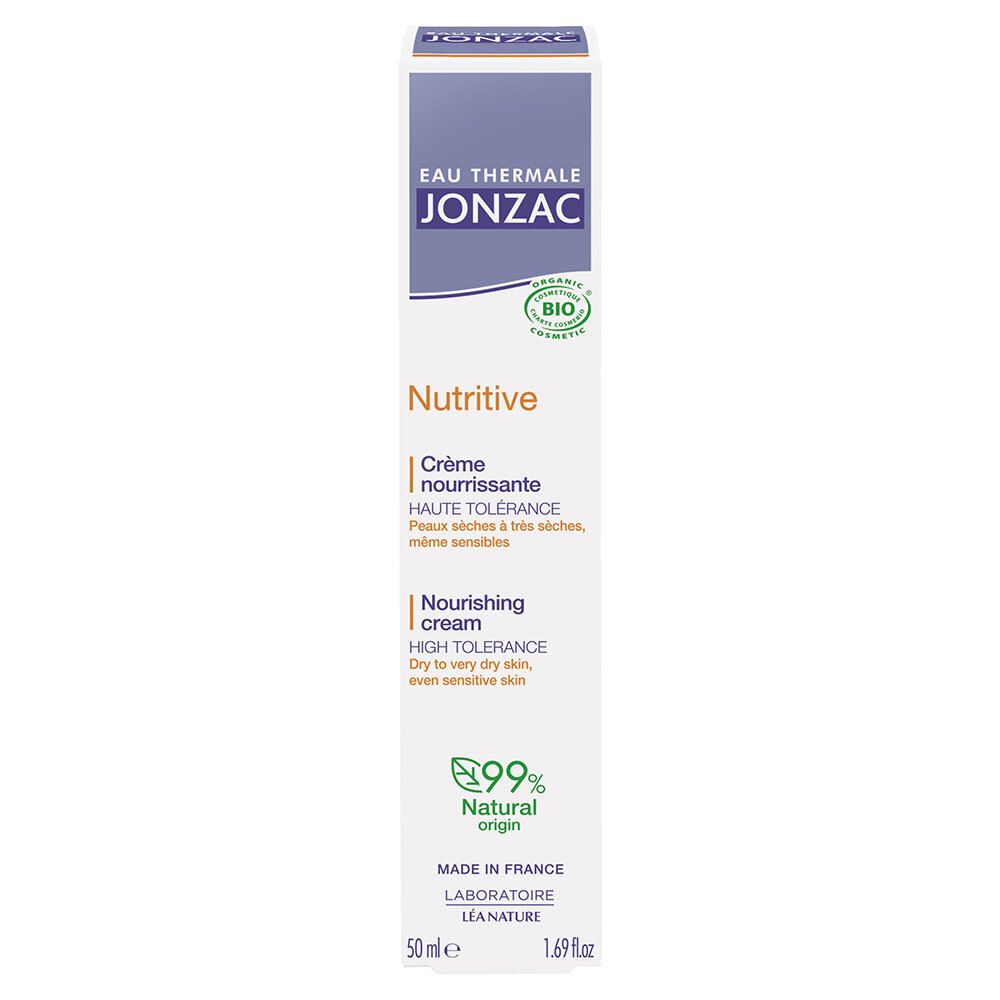 Kartonverpackung mit Tube. Aufschrift: Eau Thermale Jonzac, Nutritive, Crème nourrissante, 99% Natural Origin. Für trockene Haut.