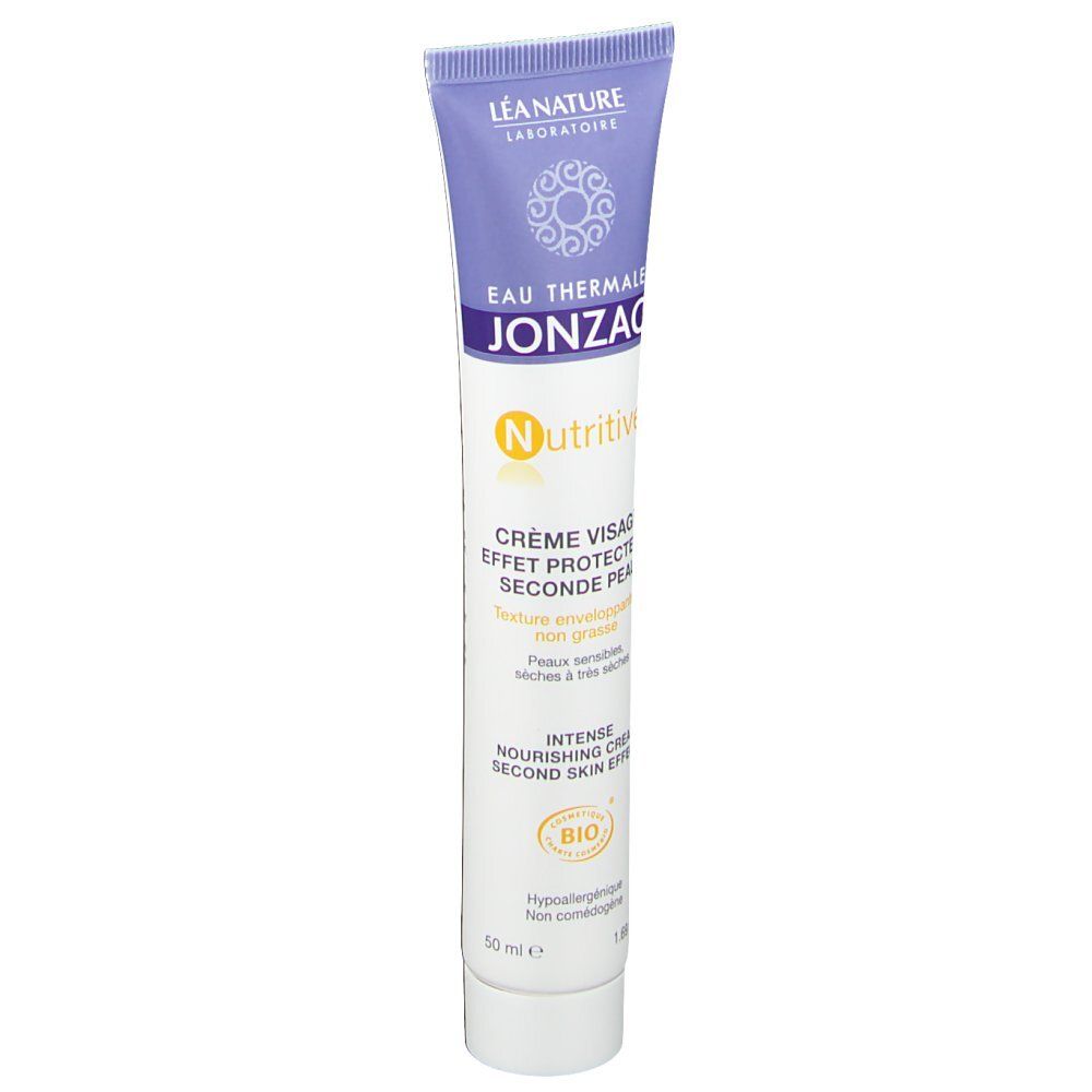 Tube mit Schriftzug: Eau Thermale Jonzac, Nutritive, Crème visage, Effet seconde peau. Für trockene und sehr trockene Haut.