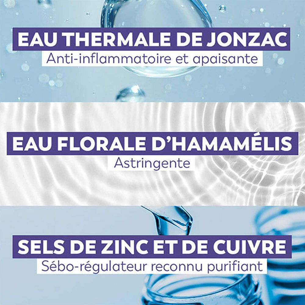 Texttafeln mit Inhaltsstoffen: Eau Thermale de Jonzac, Eau Florale d'Hamamélis, Sels de Zinc et de Cuivre. Wasser- und Inhaltsstoff-Darstellung.