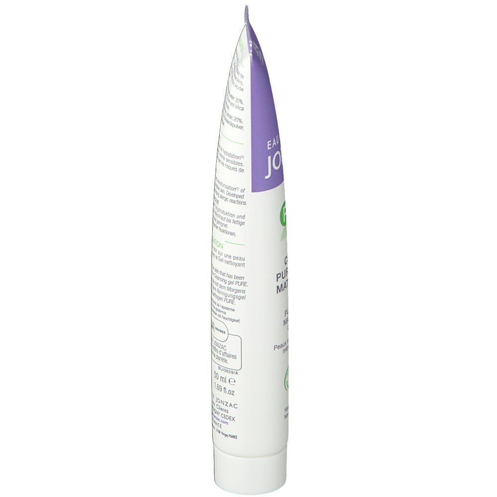Seitenansicht der Tube. Weiß mit lila Deckel. Text: Jonzac, Pure, Mattifying hydrating cream. Bio-Zertifizierung.