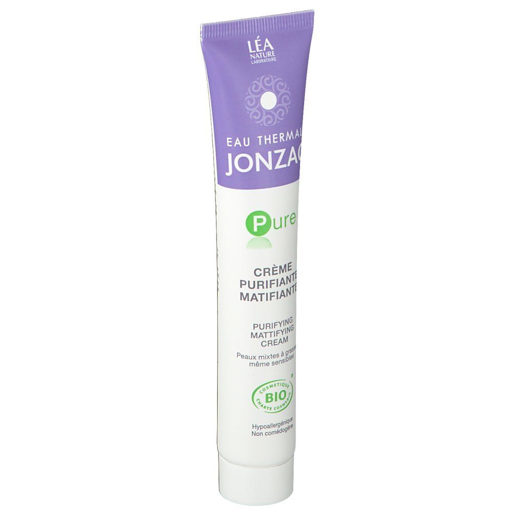 Tube mit lila Deckel. Text: Jonzac, Pure, Crème purifiante matifiante. Bio-Zertifizierung. Für Mischhaut.