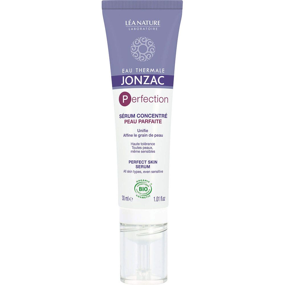 Tube de sérum. Marque Eau Thermale Jonzac. Texte: Perfection, Sérum concentré peau parfaite. Certification Bio.