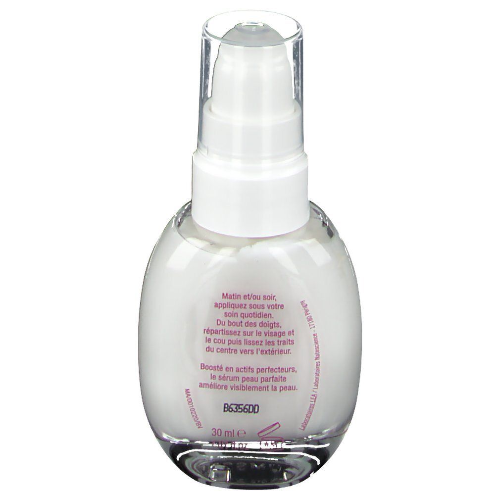 Flacon de sérum avec pompe. Marque Eau Thermale Jonzac. Texte: Sérum peau parfaite. Texte au dos.