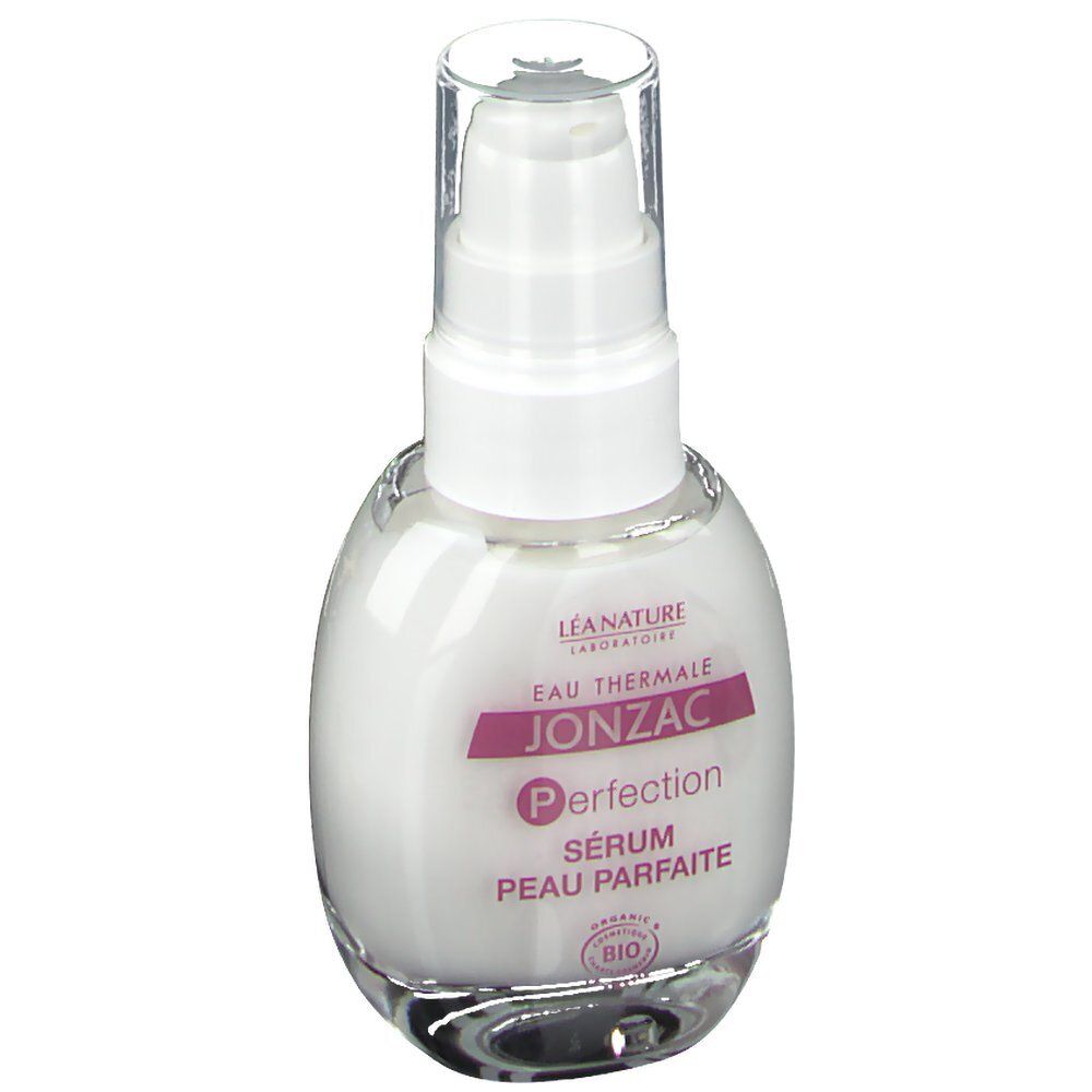 Flacon de sérum avec pompe. Marque Eau Thermale Jonzac. Texte: Sérum peau parfaite. Certification Bio.