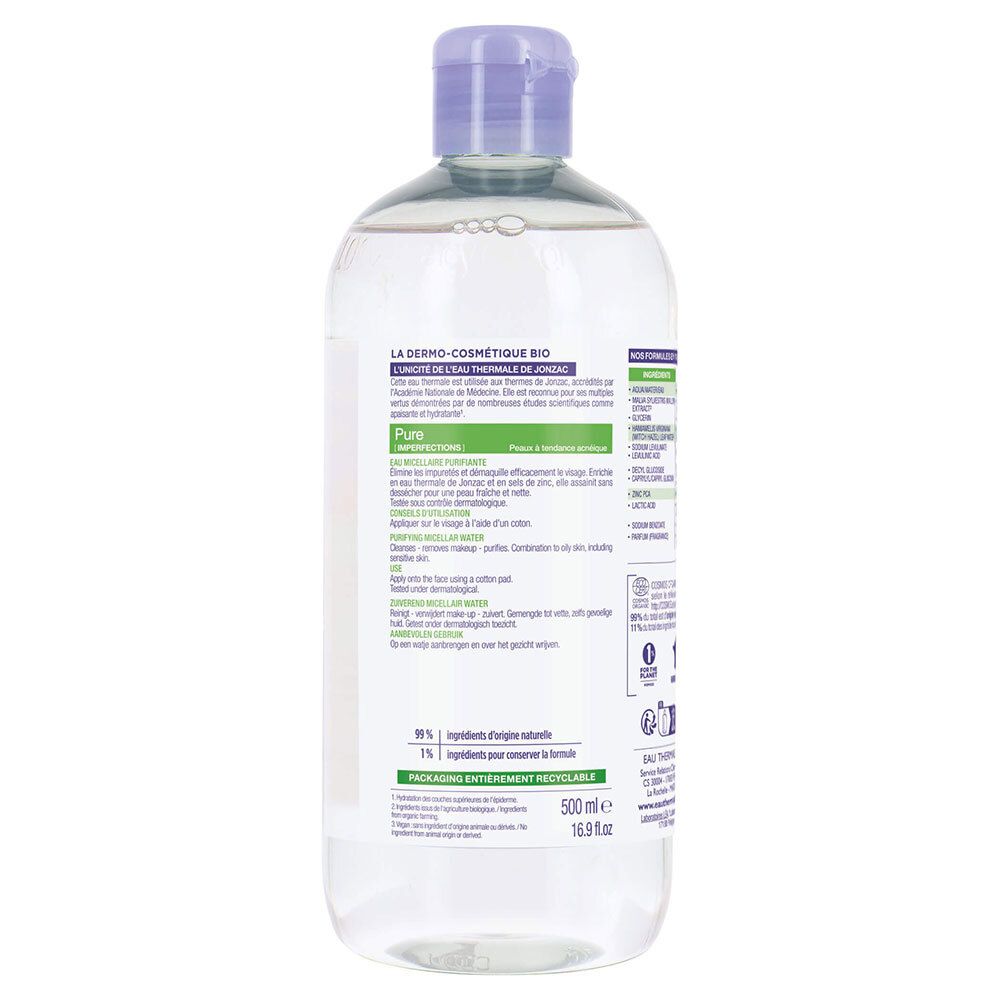 Dos du flacon avec texte. Contient des informations sur les ingrédients et l'utilisation. 500 ml.
