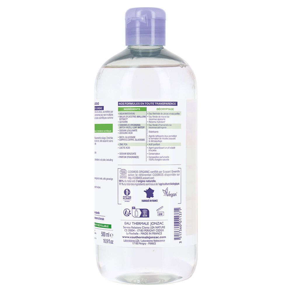 Dos du flacon avec texte. Contient des informations sur les ingrédients et les certifications. 500 ml.