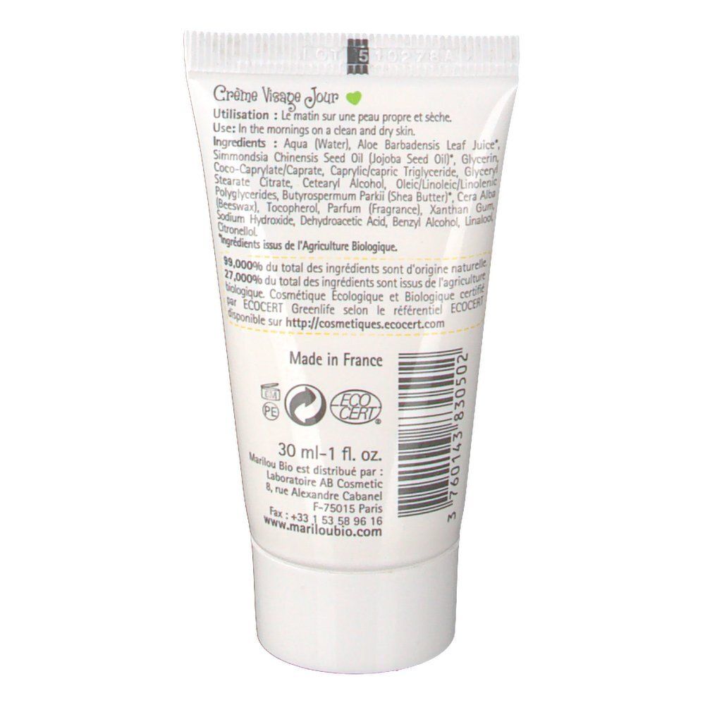 Rückseite einer weißen Tube. Text: Crème Visage Jour, Inhaltsstoffe, ECOCERT-Zertifizierung, 30 ml, Made in France.