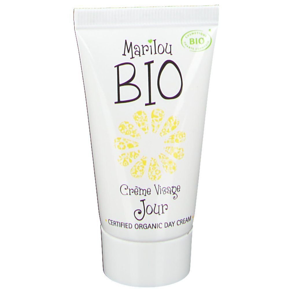 Weiße Tube mit Marilou Bio-Logo und gelbem Blumendesign. Text: Crème Visage Jour, Certified Organic Day Cream. Bio-Zertifizierung.