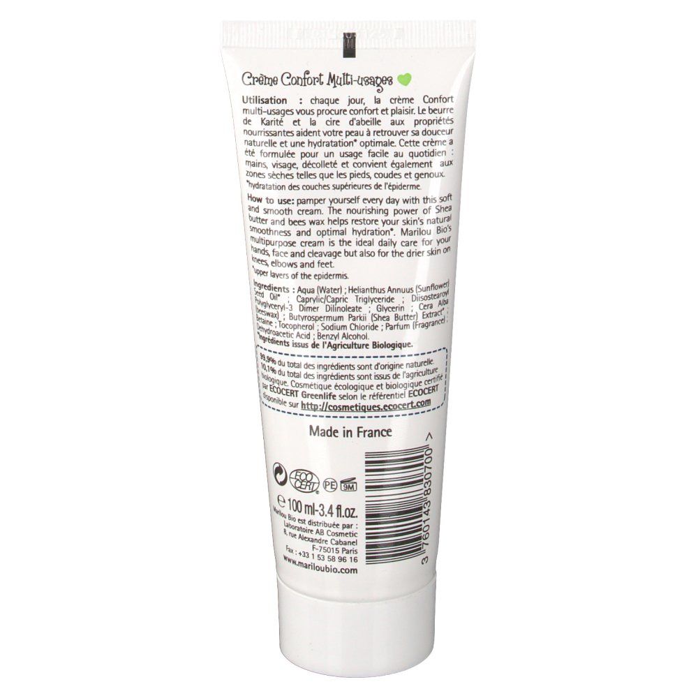 Dos du tube. Texte avec ingrédients et instructions. Label bio et logo.