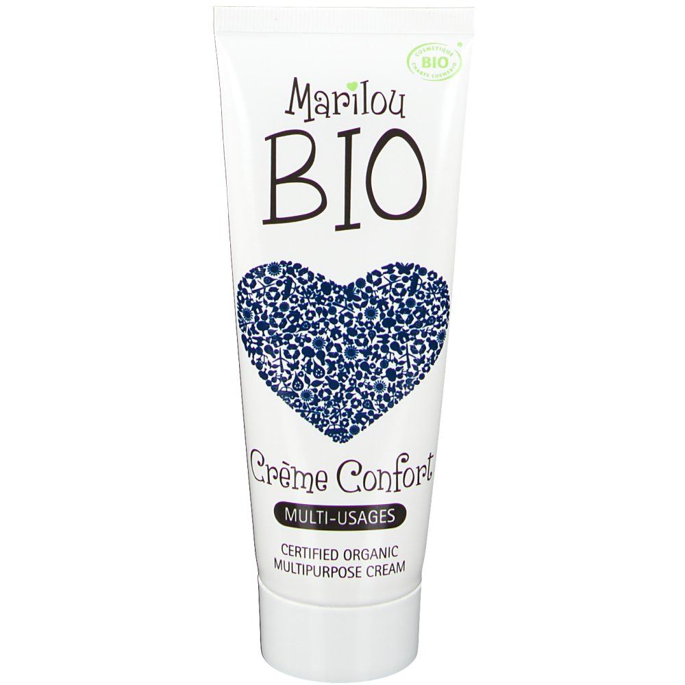 Tube blanc de crème Marilou Bio. Motif cœur, texte, label bio. "Crème Confort Multi-Usages".