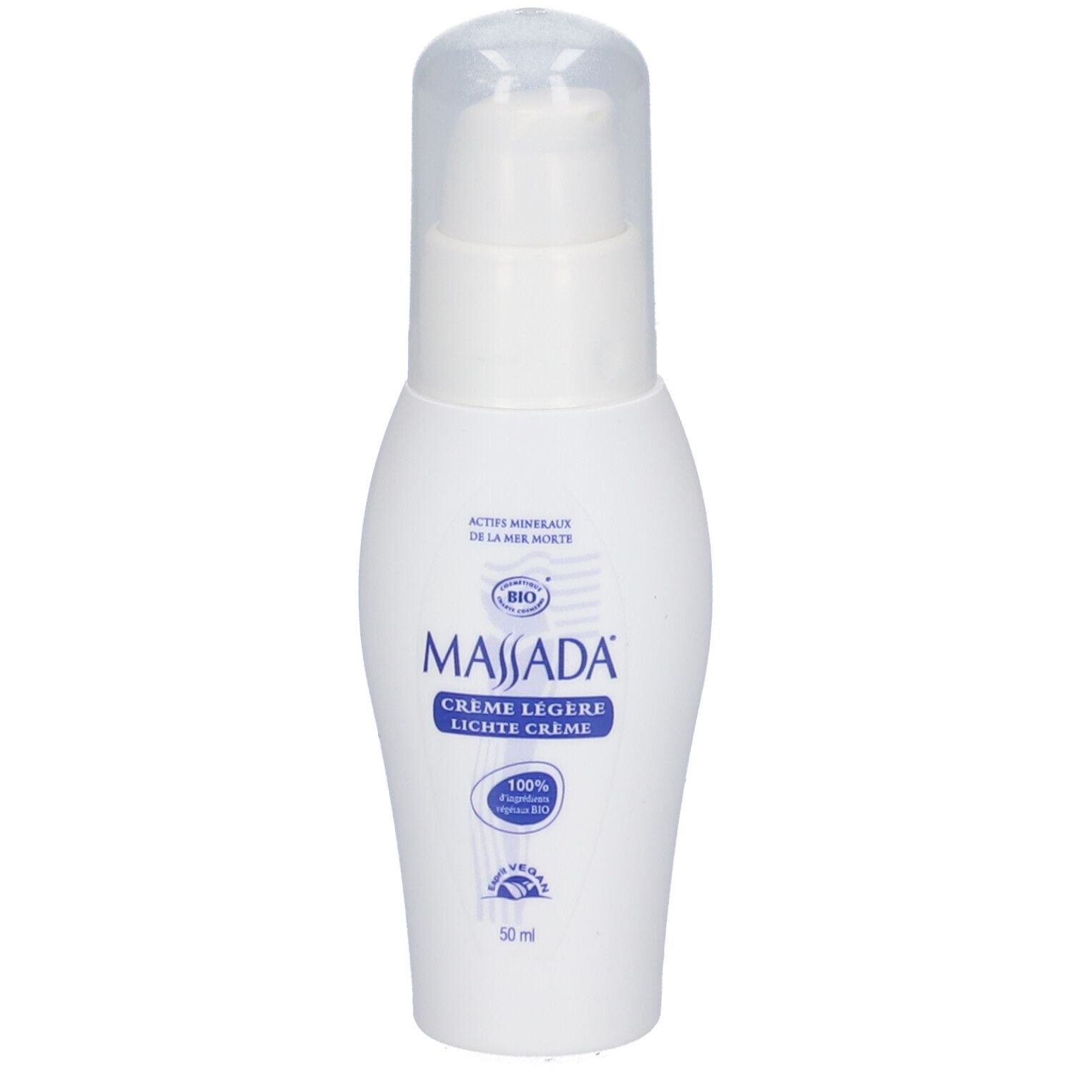 Flacon blanc avec pompe. Inscription: Massada Crème Légère. Label bio. 100% végétalien. 50 ml.