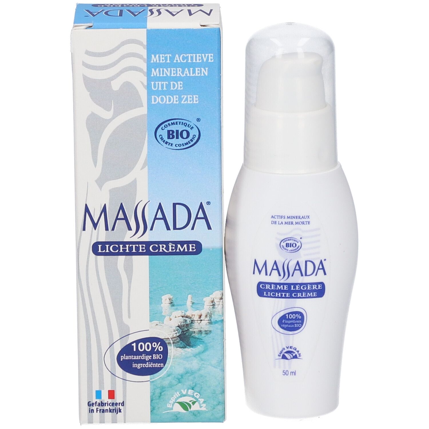 Emballage et flacon. Emballage: Massada Crème Légère. Label bio. Flacon: blanc, pompe.