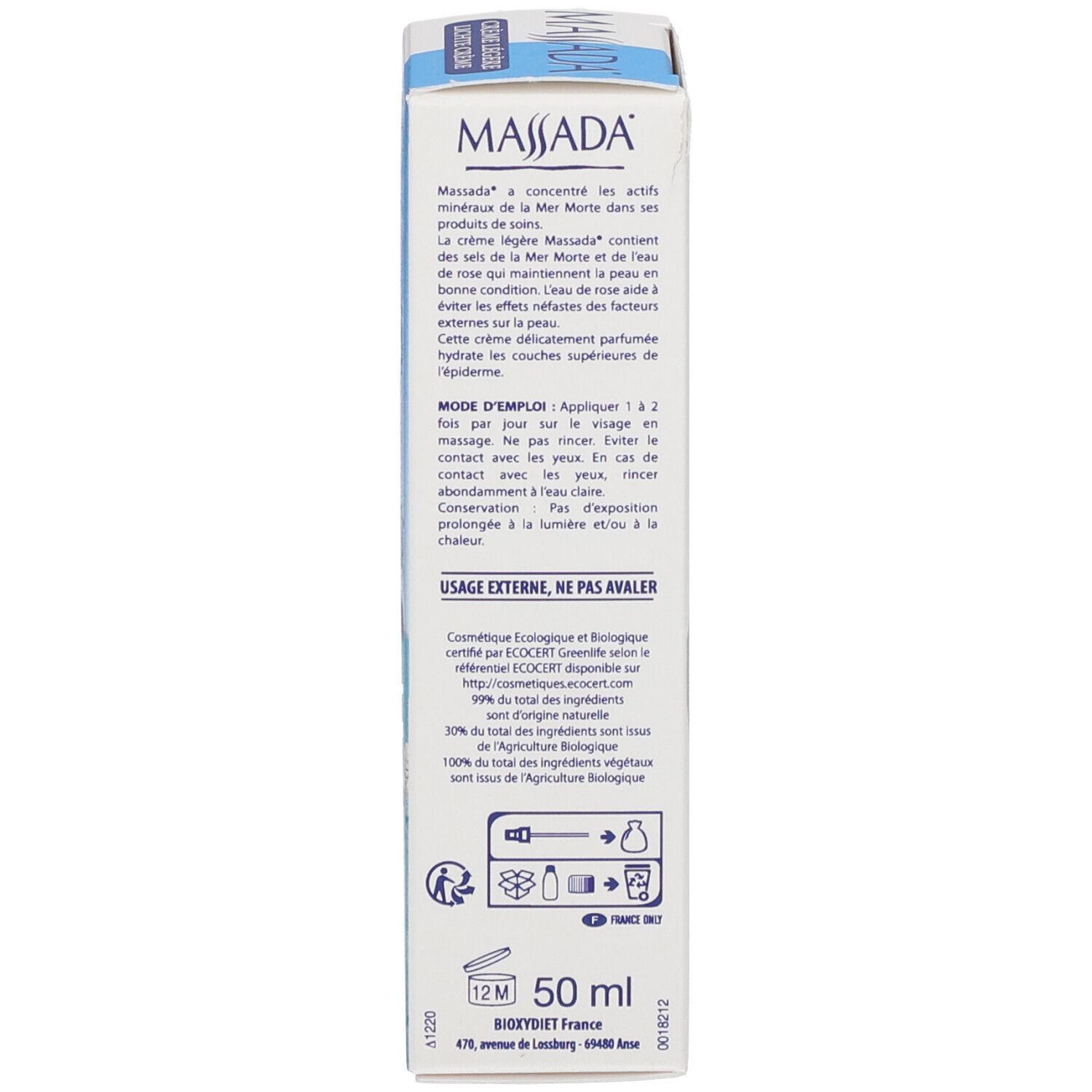 Emballage du produit. Texte: Massada Crème Légère. Label bio. Ingrédients et mode d'emploi. 50 ml.