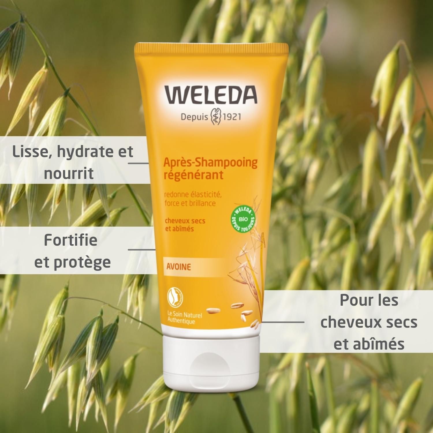 Tube jaune "WELEDA Après-Shampooing régénérant" sur fond vert. Texte : "Pour les cheveux secs et abîmés".