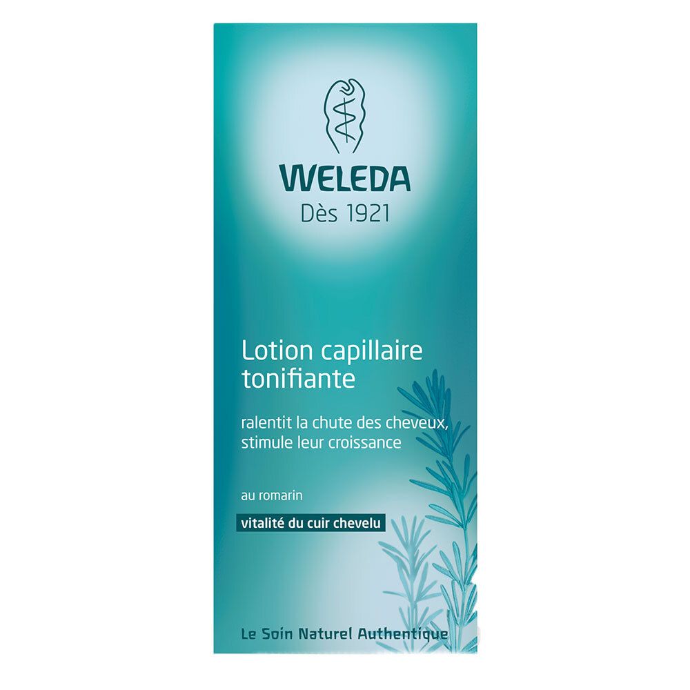 Emballage Weleda. Flacon vert et blanc avec texte. Inscription : Lotion capillaire tonifiante. Illustration de romarin.