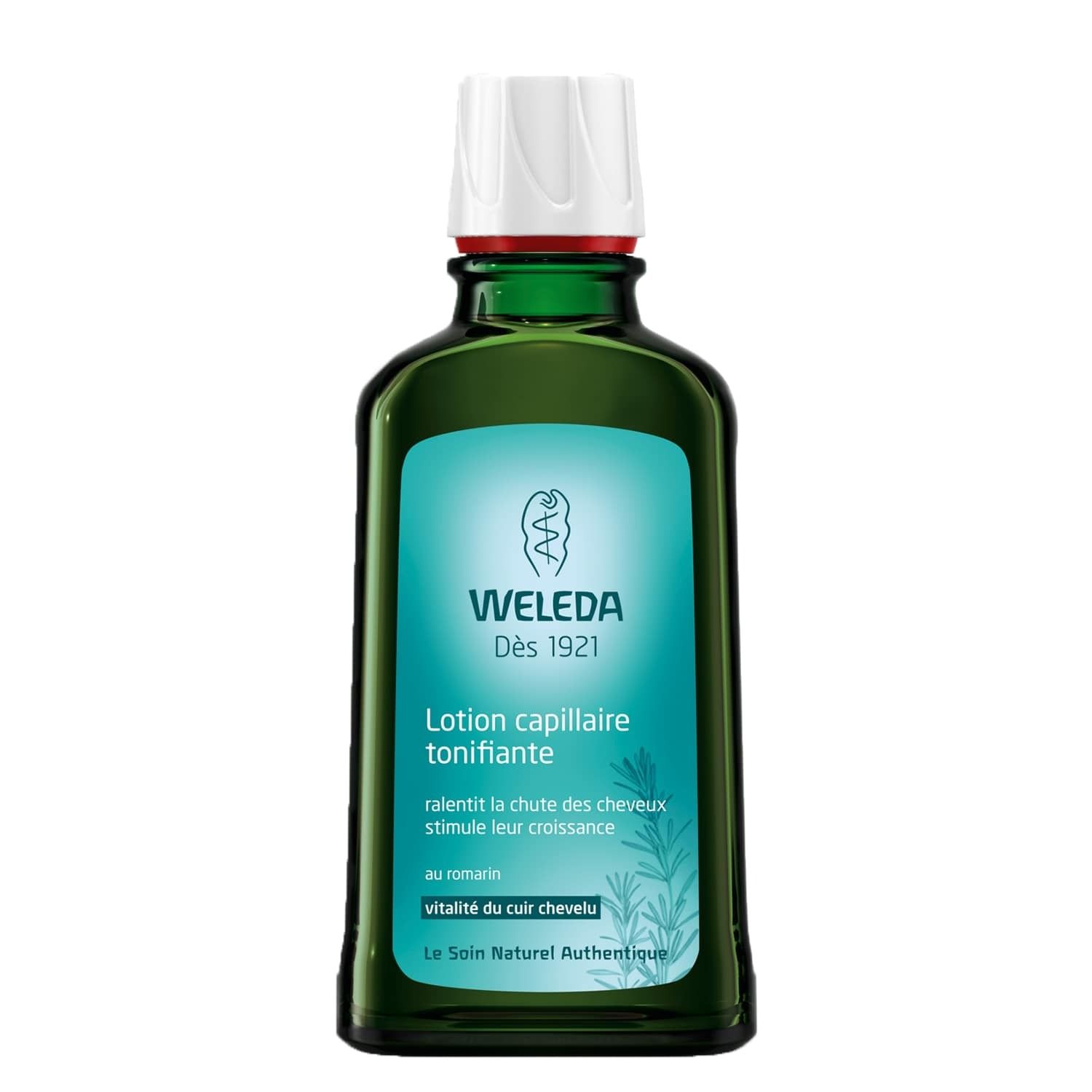Flacon de Weleda. Bouteille en verre vert avec bouchon blanc. Inscription : Lotion capillaire tonifiante. Illustration de romarin.