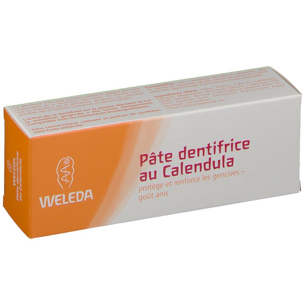 Zahncreme-Schachtel mit Text: Pâte dentifrice au Calendula. Marke WELEDA. Orangefarbener Bereich mit Logo.