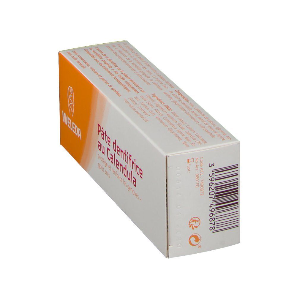 Zahncreme-Schachtel, schräg. Text: Pâte dentifrice au Calendula. Marke WELEDA. Barcode und Recycling-Symbole.