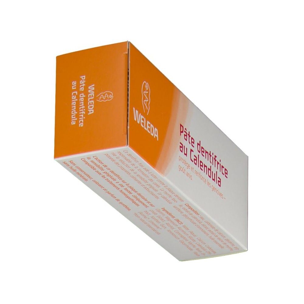 Zahncreme-Schachtel, schräg. Text: Pâte dentifrice au Calendula. Marke WELEDA. Orangefarbener Bereich.