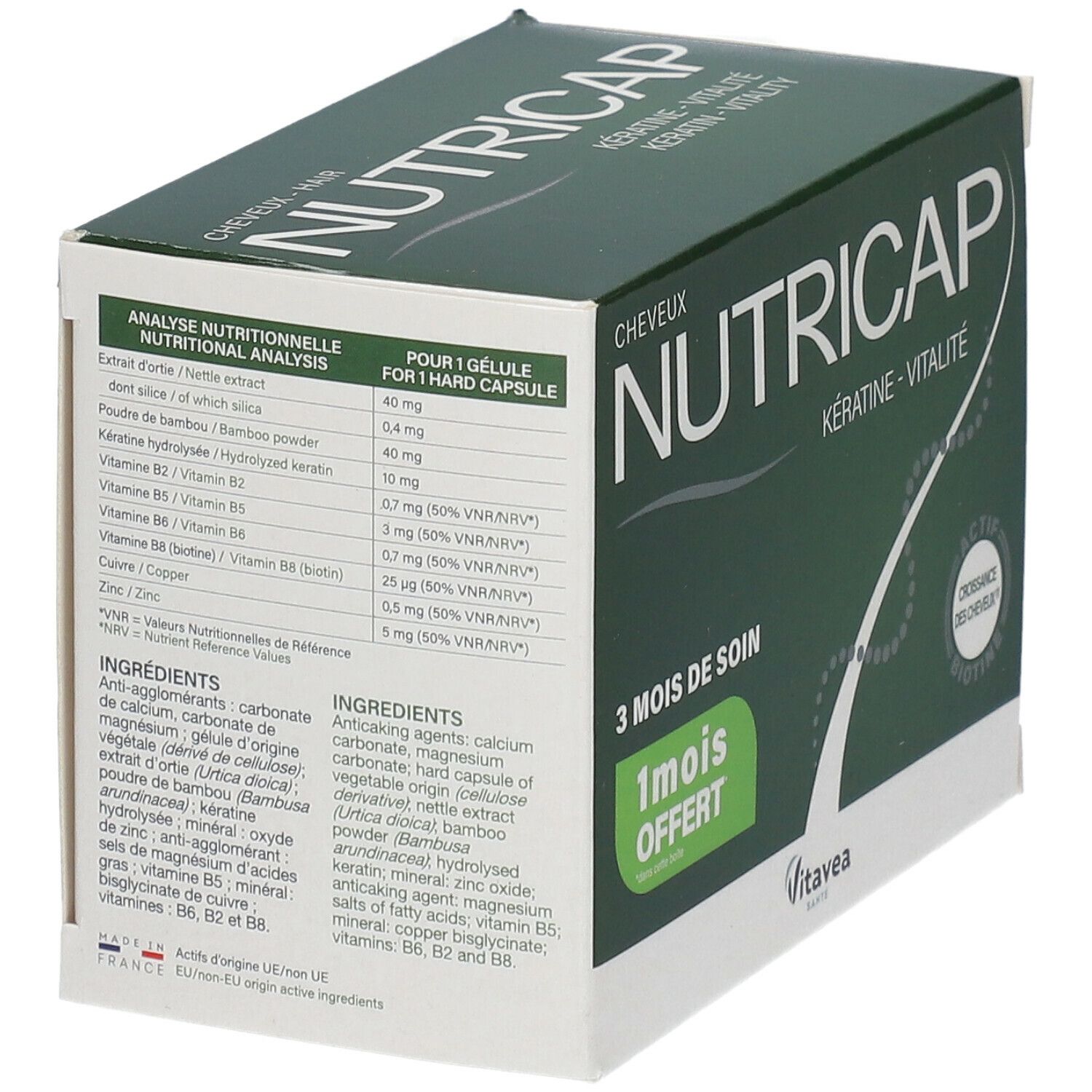 Boîte verte Nutricap. Analyse nutritionnelle et ingrédients. Marque Vitae. Pour cheveux et ongles. 3 mois de soin, 1 mois offert.