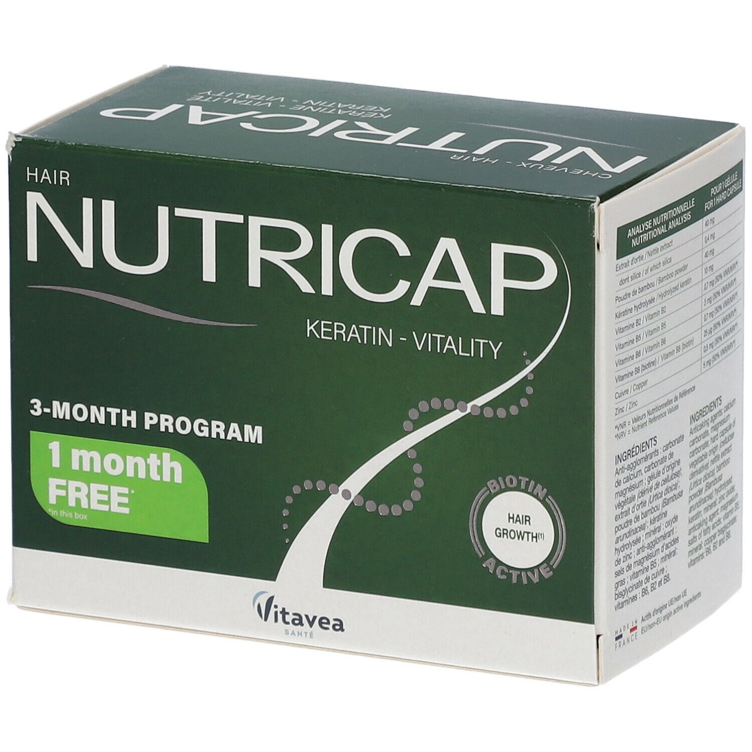 Boîte verte Nutricap. Pour cheveux. 3 mois de programme, 1 mois gratuit. Marque Vitae. Contient des gélules pour cheveux et ongles.